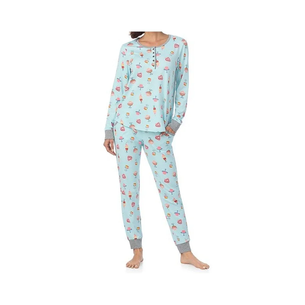 Cuddl‎ Duds Pajama Set Women XL Blue Dessert Print Henley Jogger Loungewear NEW
